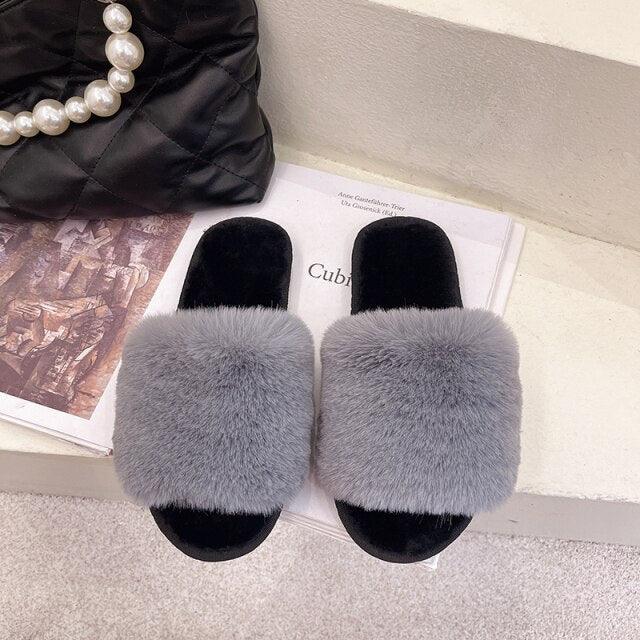 Slippers Stevvex grey faux fur cross-strap pair with memory foam sole open-toe indoor on Tampa Home & Garden Store