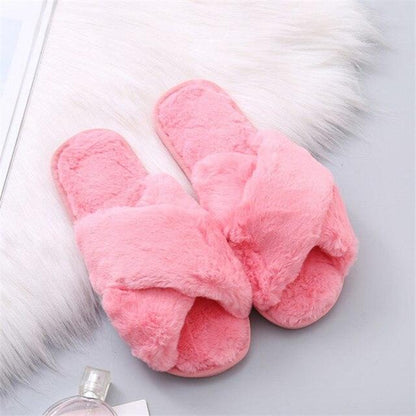 Stevvex pink fluffy slippers pair, faux fur indoor slides, memory foam, cozy house sandals on Tampa Home & Garden Store