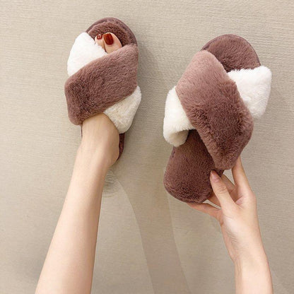 Fluffy faux fur cross slippers brown white memory foam house slides Stevvex pair on Tampa Home & Garden Store