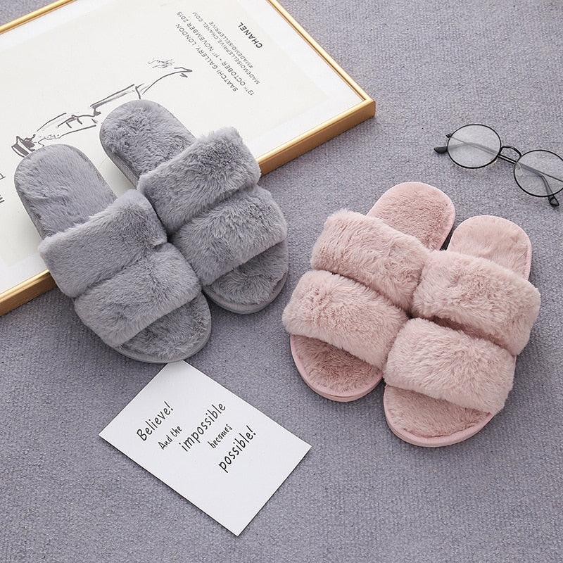 Stevvex fluffy slippers gray and pink faux fur cross-strap memory foam, 2 pairs on Tampa Home & Garden Store