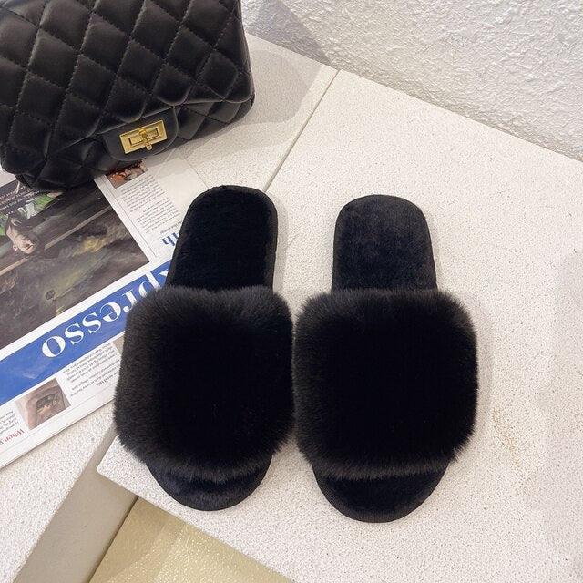 Fluffy slippers Stevvex black faux fur open-toe indoor slides memory foam on Tampa Home & Garden Store
