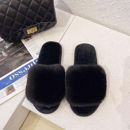 Fluffy slippers Stevvex black faux fur open-toe indoor slides memory foam on Tampa Home & Garden Store