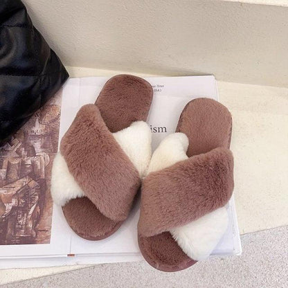 Stevvex fluffy faux fur cross-slide slippers brown and white pair memory foam on Tampa Home & Garden Store