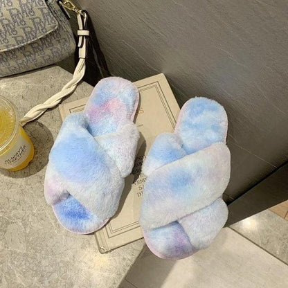 Stevvex fuzzy cross-band slippers pale tie-dye faux fur memory foam pair on Tampa Home & Garden Store