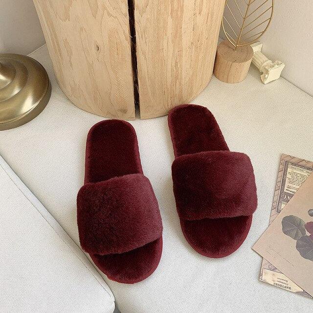 Stevvex fluffy burgundy faux-fur cross-strap indoor slippers pair with memory foam on Tampa Home & Garden Store