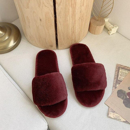 Stevvex fluffy burgundy faux-fur cross-strap indoor slippers pair with memory foam on Tampa Home & Garden Store