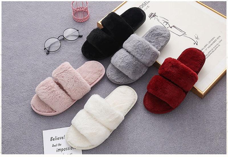 Women's fluffy cross-strap slippers by Stevvex, memory foam, faux fur, slides, 5 colors on Tampa Home & Garden Store