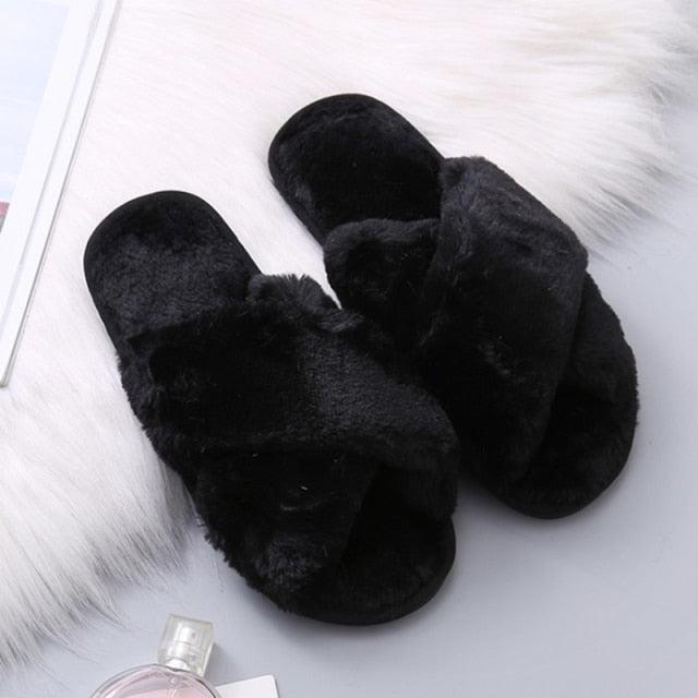 Stevvex black fluffy cross-strap slippers with faux fur memory foam indoor slides pair on Tampa Home & Garden Store