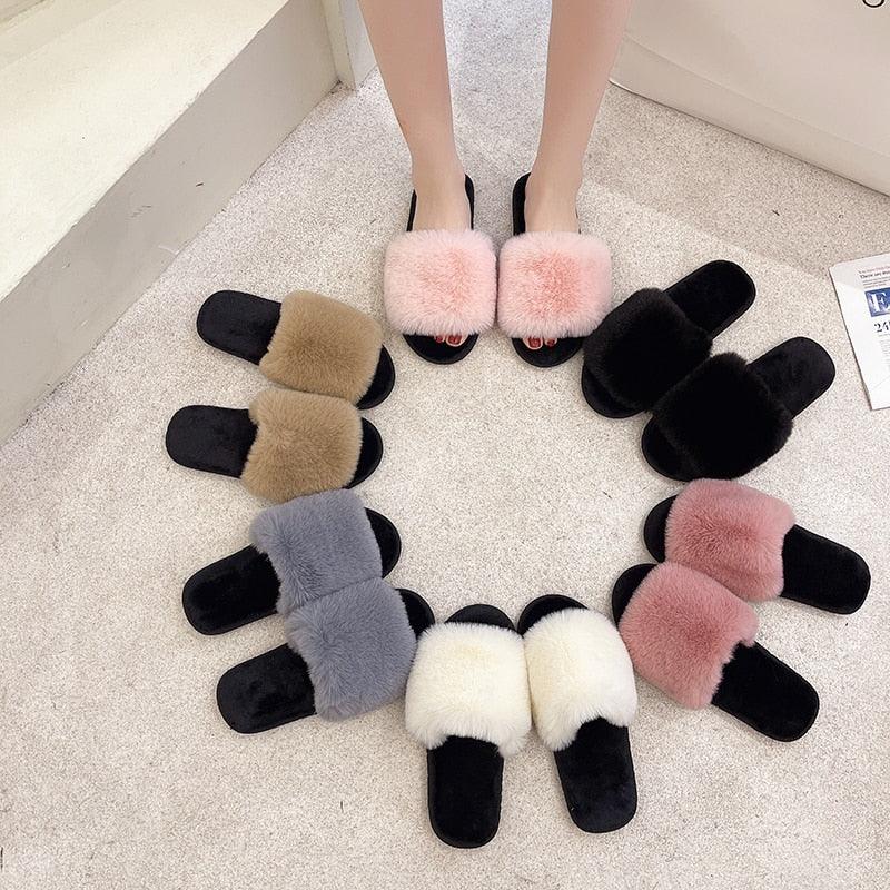 Stevvex fluffy fur slippers for women open-toe cross-slide with memory foam, multicolor fur set on Tampa Home & Garden Store