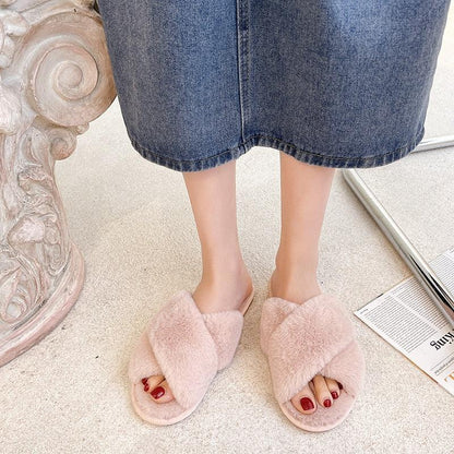 Stevvex fluffy cross pink faux-fur slippers for women with open toe and memory foam 1 pair on Tampa Home & Garden Store