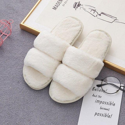 Fluffy Slippers Women Stevvex white faux fur cross indoor slides memory foam pair on Tampa Home & Garden Store