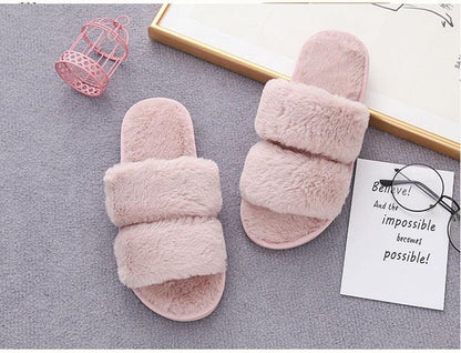 Fluffy Slippers Stevvex pink faux fur cross straps open-toe indoor slides for women pair on Tampa Home & Garden Store