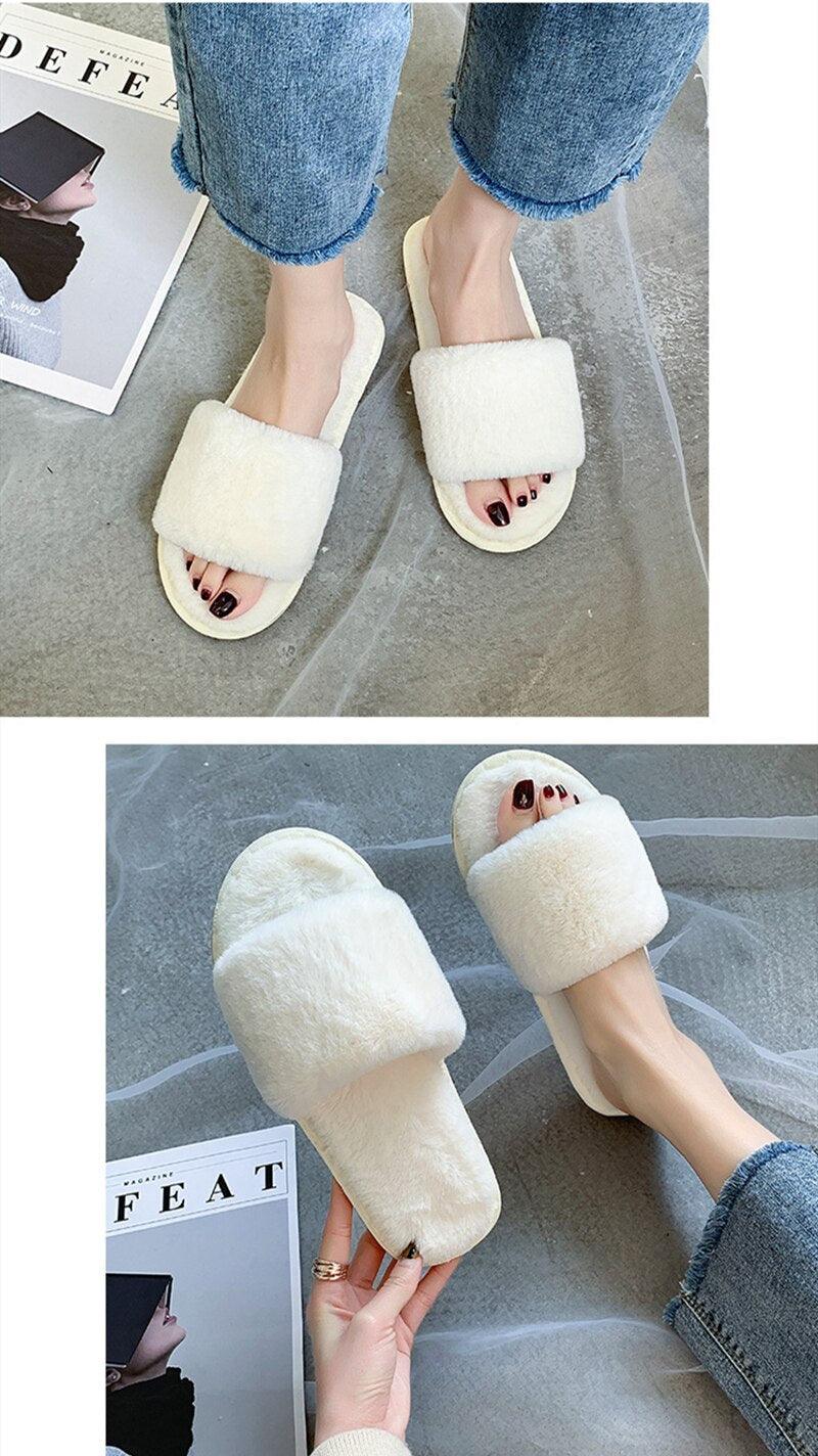 Stevvex women's fluffy faux fur slippers cream open-toe slide with memory foam sole on Tampa Home & Garden Store