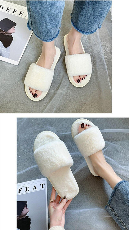 Stevvex women's fluffy faux fur slippers cream open-toe slide with memory foam sole on Tampa Home & Garden Store