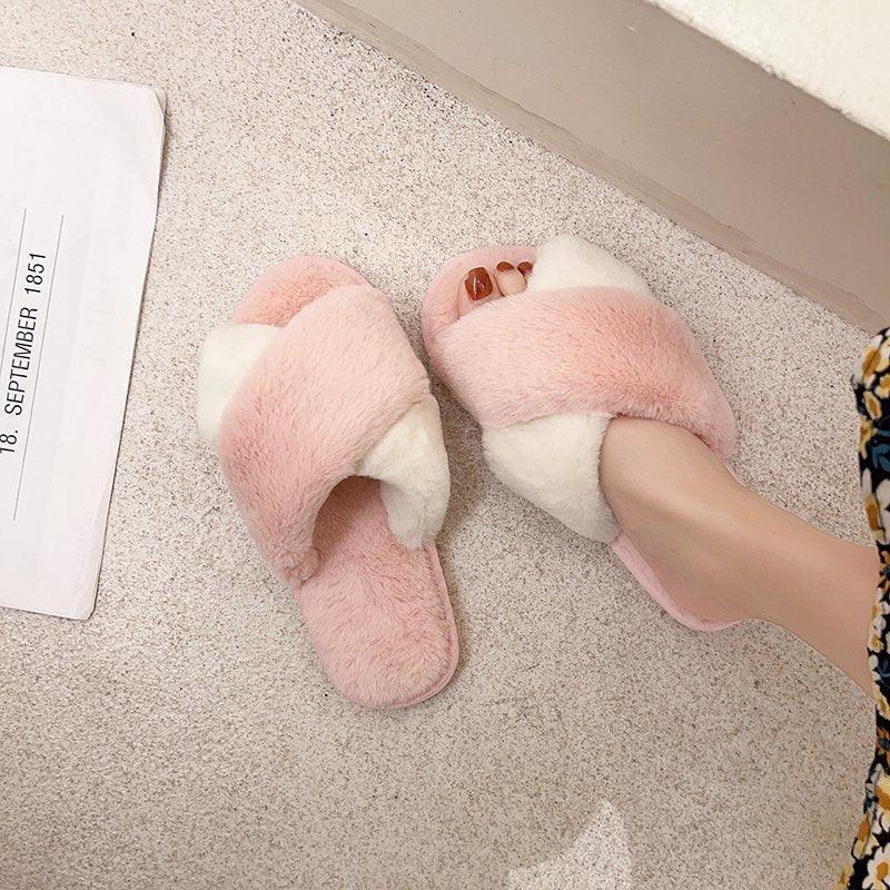 Stevvex pair of fluffy pink faux fur cross-strap open-toe slippers with memory foam on Tampa Home & Garden Store