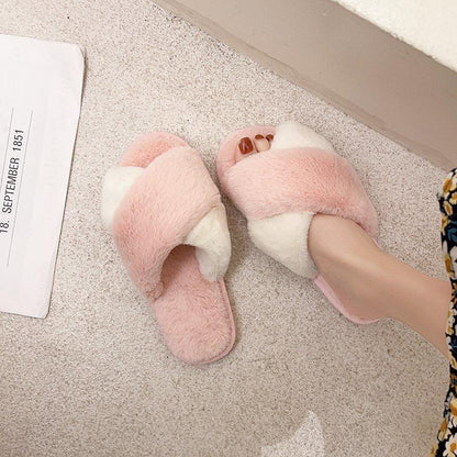 Stevvex pair of fluffy pink faux fur cross-strap open-toe slippers with memory foam on Tampa Home & Garden Store