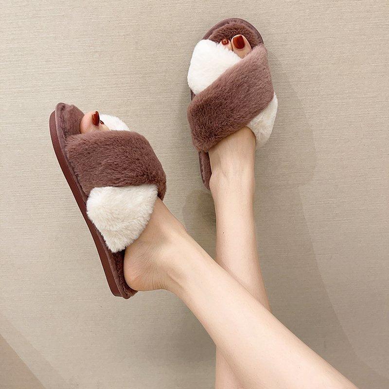 Slippers Stevvex women's fluffy cross-band faux fur open-toe slides in brown and cream on Tampa Home & Garden Store