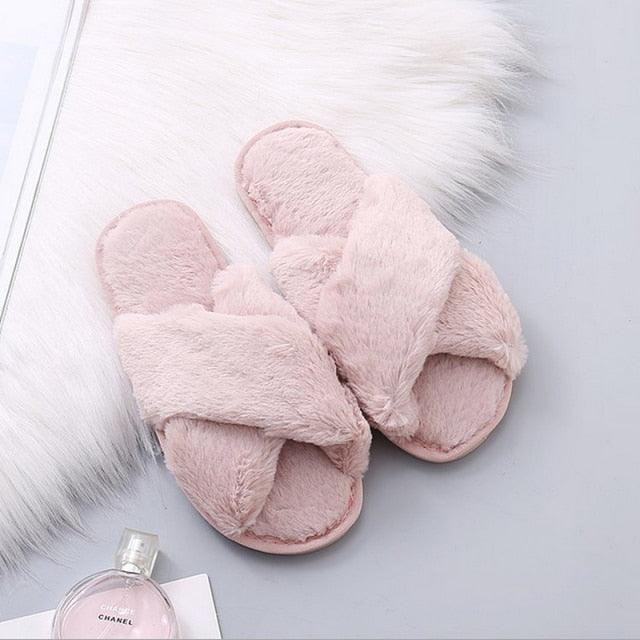 Fluffy cross-strap slippers for women, pink plush faux fur, open-toe indoor slides pair on Tampa Home & Garden Store