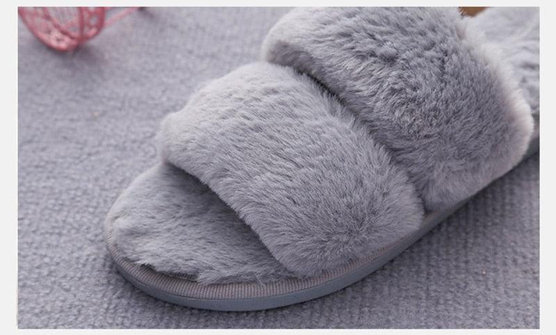 Stevvex fluffy women slippers grey faux fur cross indoor slides memory foam sole on Tampa Home & Garden Store