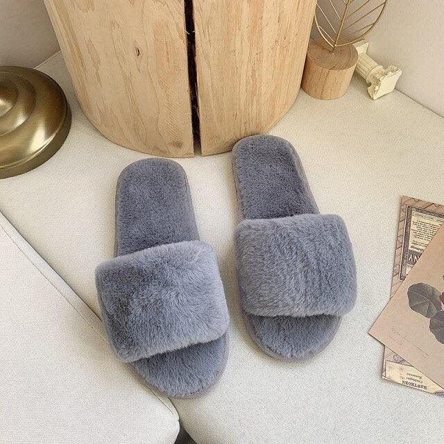 Stevvex fluffy gray faux fur cross indoor slippers pair, open-toe memory foam slides on Tampa Home & Garden Store