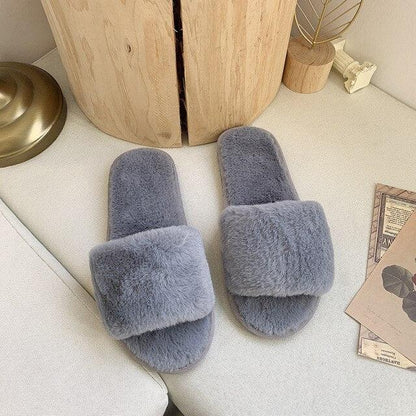 Stevvex fluffy gray faux fur cross indoor slippers pair, open-toe memory foam slides on Tampa Home & Garden Store