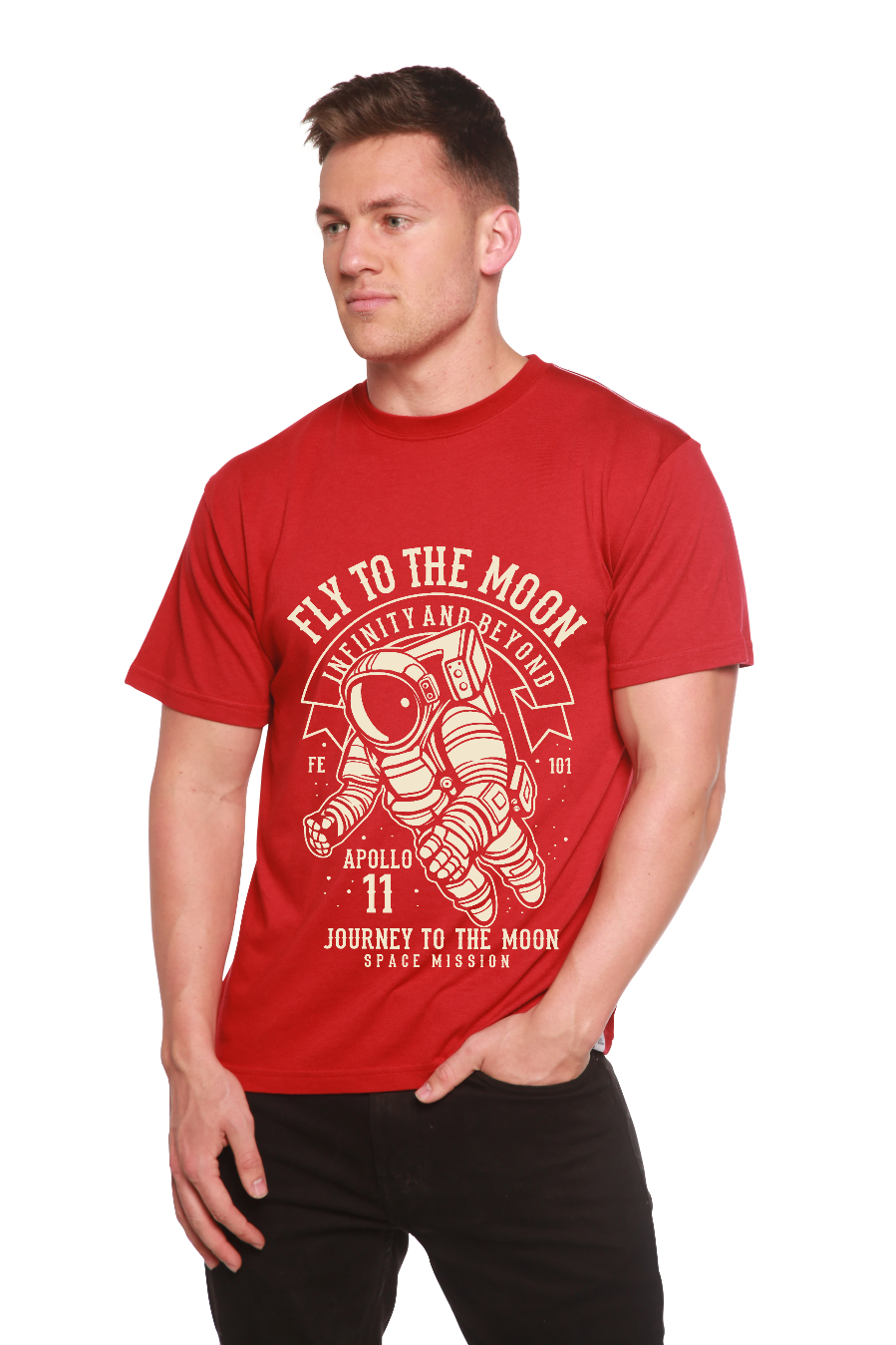Fly To The Moon men's bamboo viscose/organic cotton short sleeve graphic tee red by Spun Bamboo on Tampa Home & Garden Store