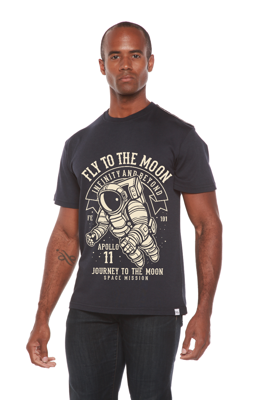 Fly To The Moon men's graphic tee black short sleeve by Spun Bamboo with astronaut print on Tampa Home & Garden Store