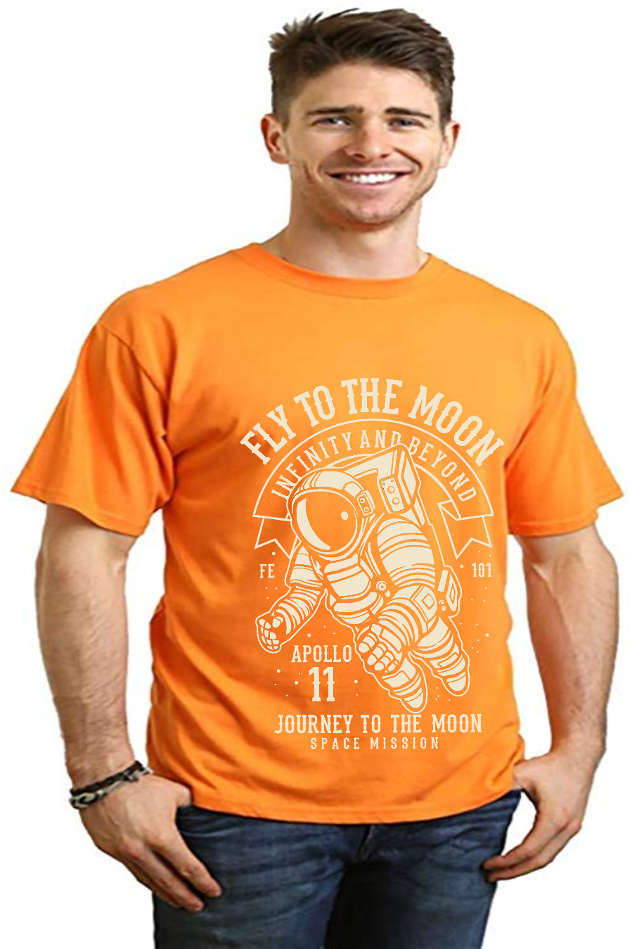 Men's orange Fly To The Moon tee with astronaut print; Spun Bamboo viscose/organic cotton on Tampa Home & Garden Store