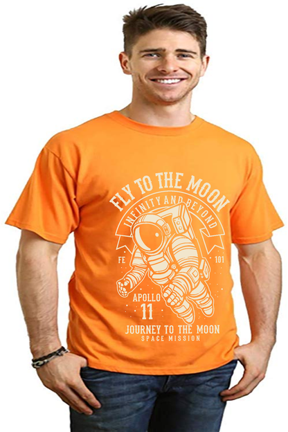Men's orange Fly To The Moon tee with astronaut print; Spun Bamboo viscose/organic cotton on Tampa Home & Garden Store