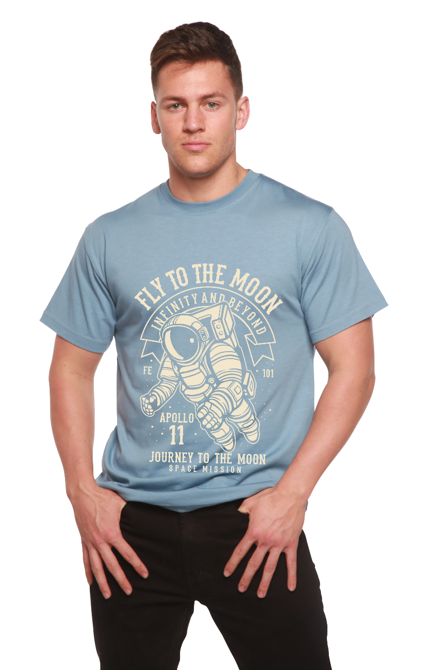 Fly To The Moon men's Spun Bamboo viscose/organic cotton tee in blue with astronaut print on Tampa Home & Garden Store