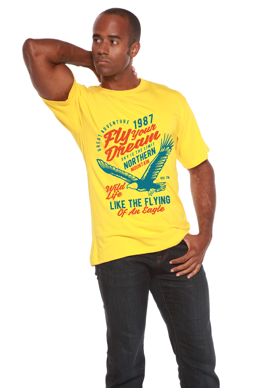Fly Your Dream men's bamboo viscose T-shirt, yellow with turquoise eagle graphic and orange text on Tampa Home & Garden Store
