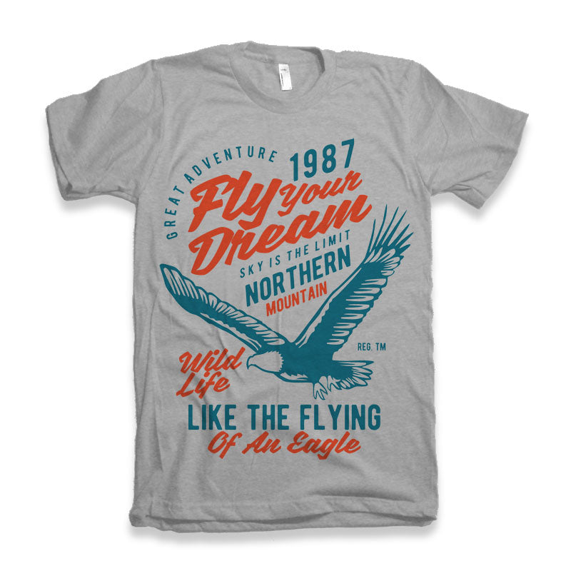 Fly Your Dream men's bamboo viscose/organic cotton graphic tee in gray with teal eagle print on Tampa Home & Garden Store