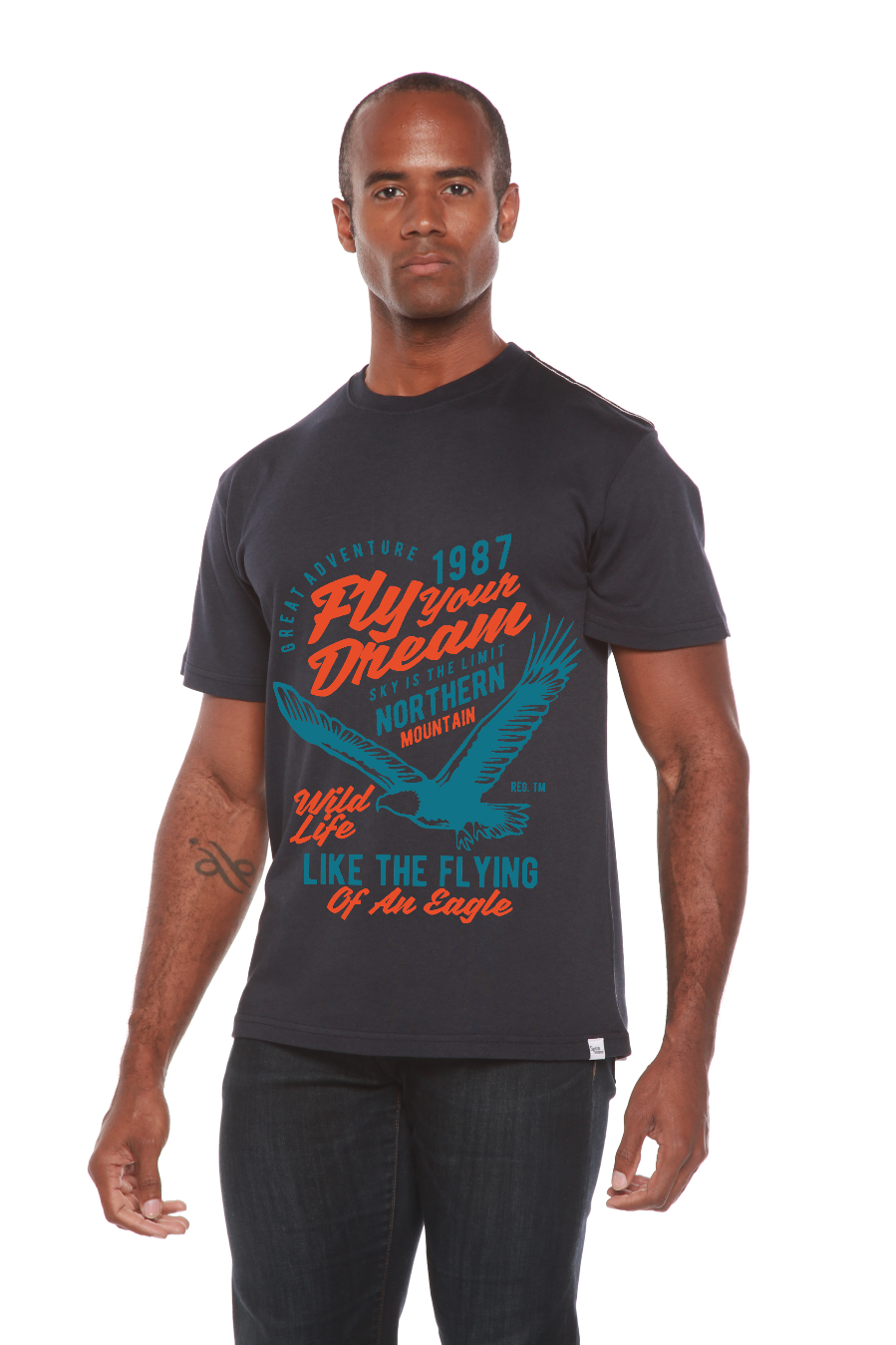 Fly Your Dream men's graphic tee navy with teal eagle print bamboo viscose/organic cotton on Tampa Home & Garden Store