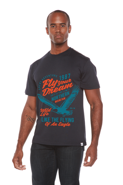 Fly Your Dream men's graphic tee navy with teal eagle print bamboo viscose/organic cotton on Tampa Home & Garden Store