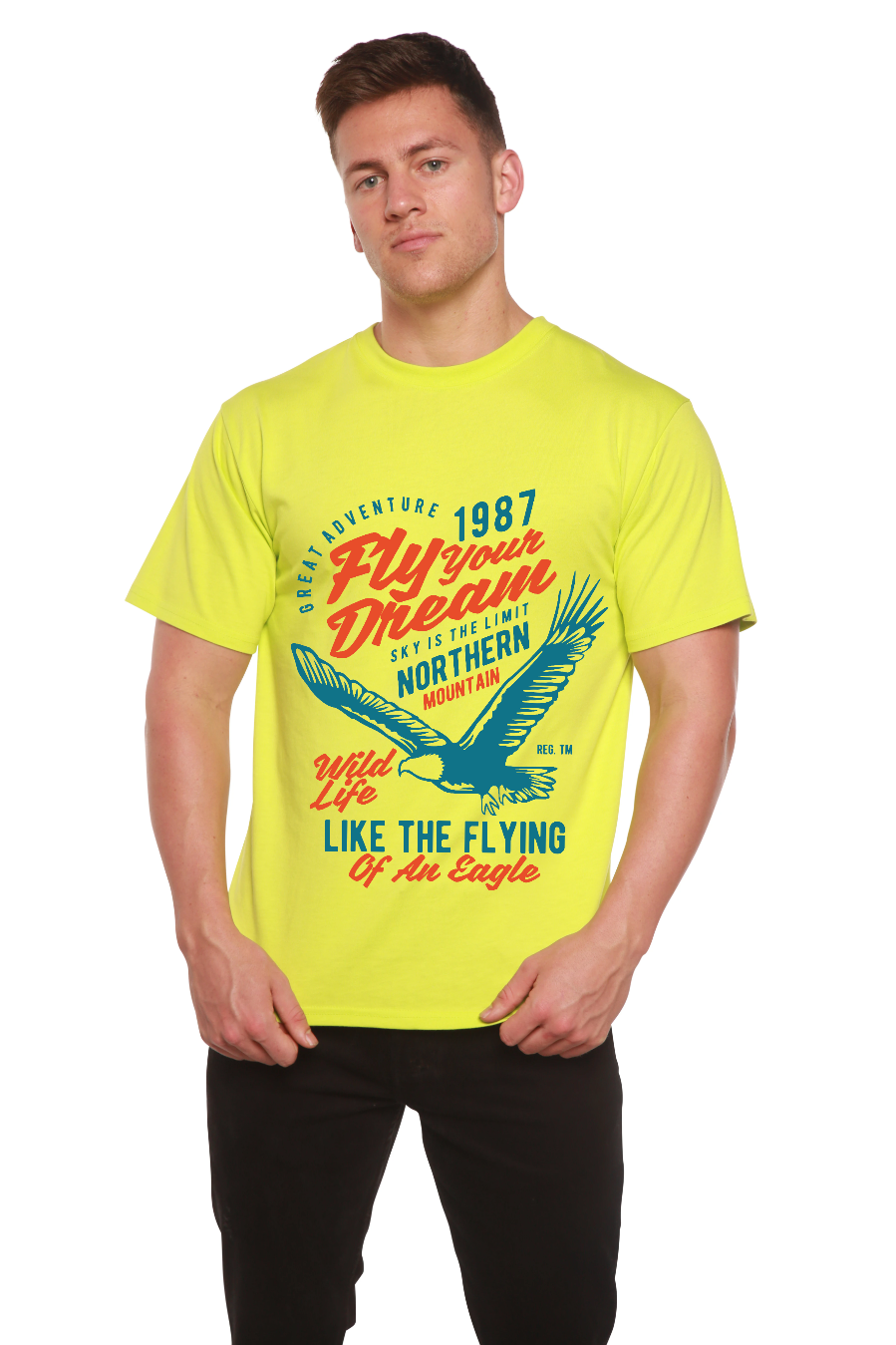 Fly Your Dream men's neon yellow bamboo viscose/organic cotton sleeve tee by Spun Bamboo on Tampa Home & Garden Store
