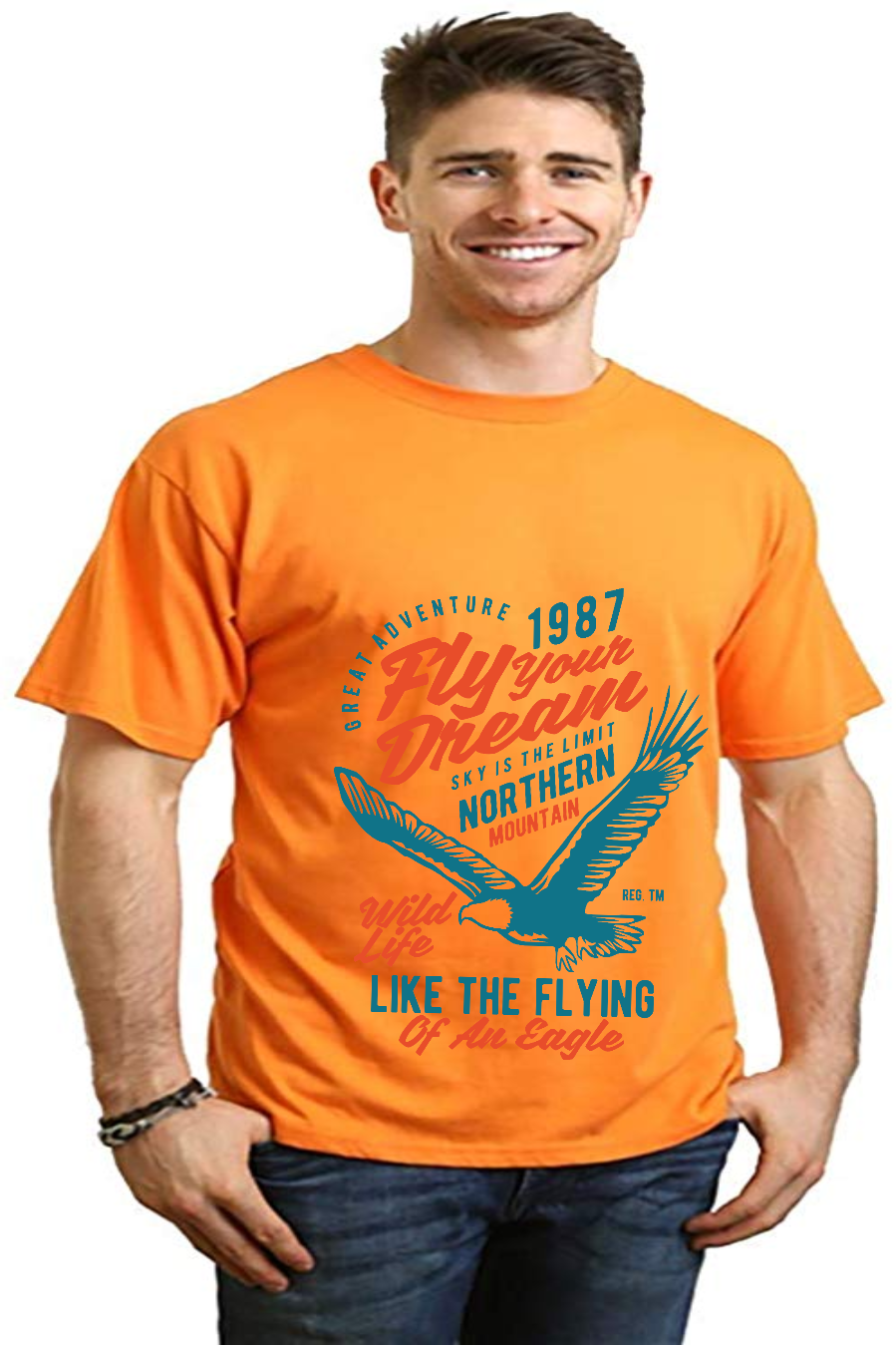 Men's orange graphic T-shirt with teal eagle, Spun Bamboo bamboo viscose/organic cotton on Tampa Home & Garden Store