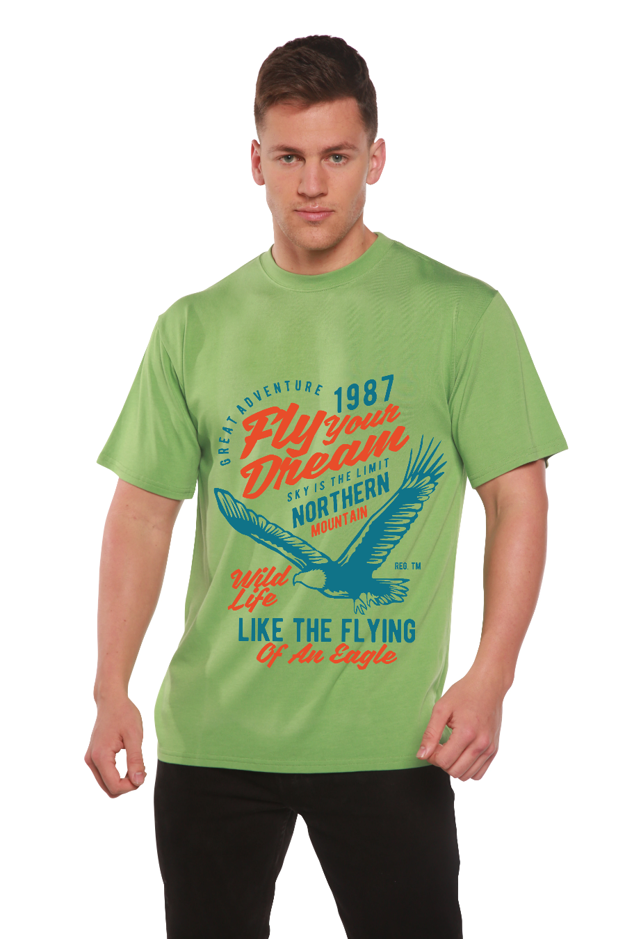 Fly Your Dream men's green short sleeve graphic tee with blue eagle print bamboo viscose on Tampa Home & Garden Store
