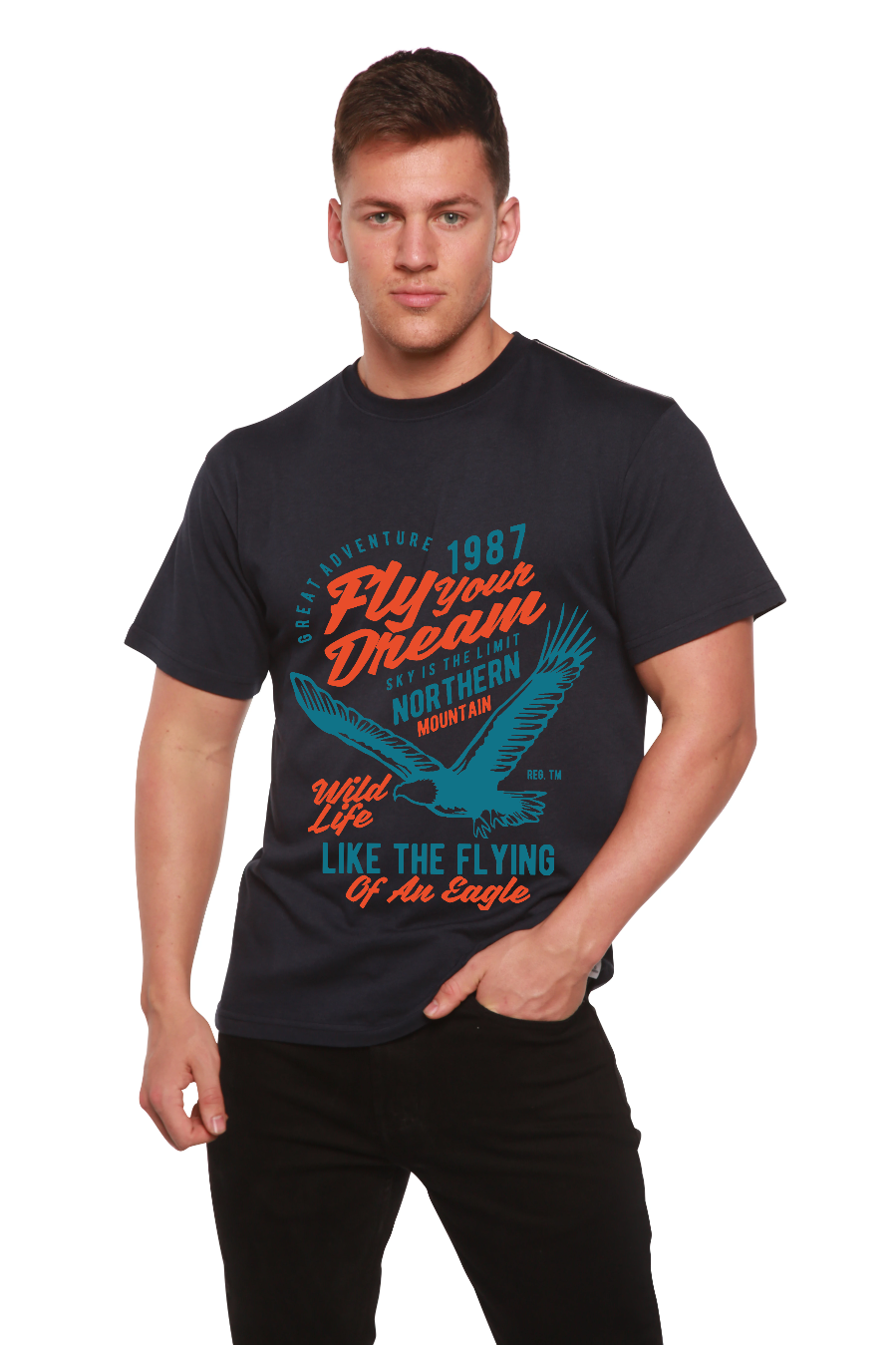 Fly Your Dream men's bamboo viscose/organic cotton graphic T-shirt navy with teal eagle design Spun Bamboo on Tampa Home & Garden Store