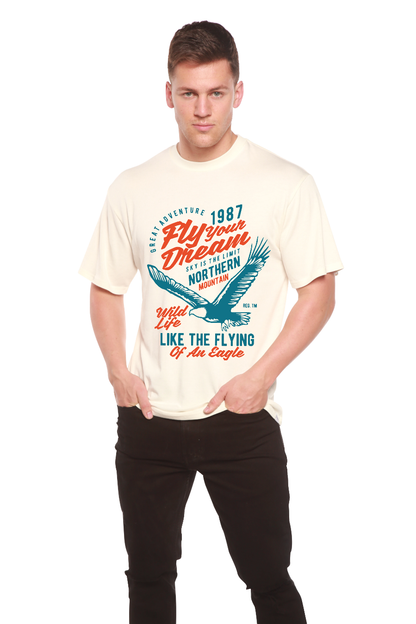 Men's Fly Your Dream Bamboo Viscose/Organic Cotton short sleeve graphic T-shirt by Spun Bamboo in cream with teal eagle print on Tampa Home & Garden Store