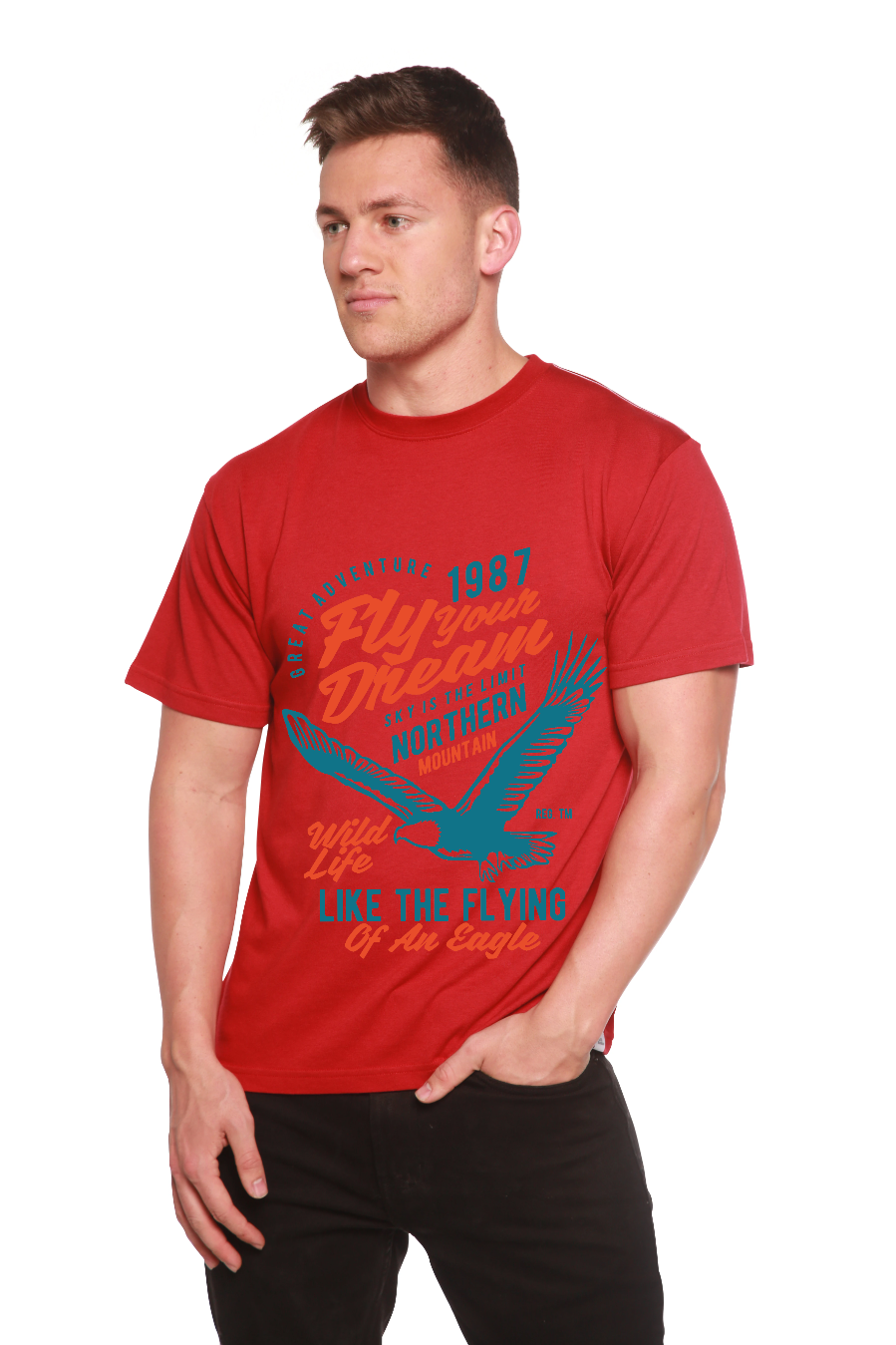 Fly Your Dream red bamboo viscose/organic cotton graphic tee with teal eagle Spun Bamboo on Tampa Home & Garden Store