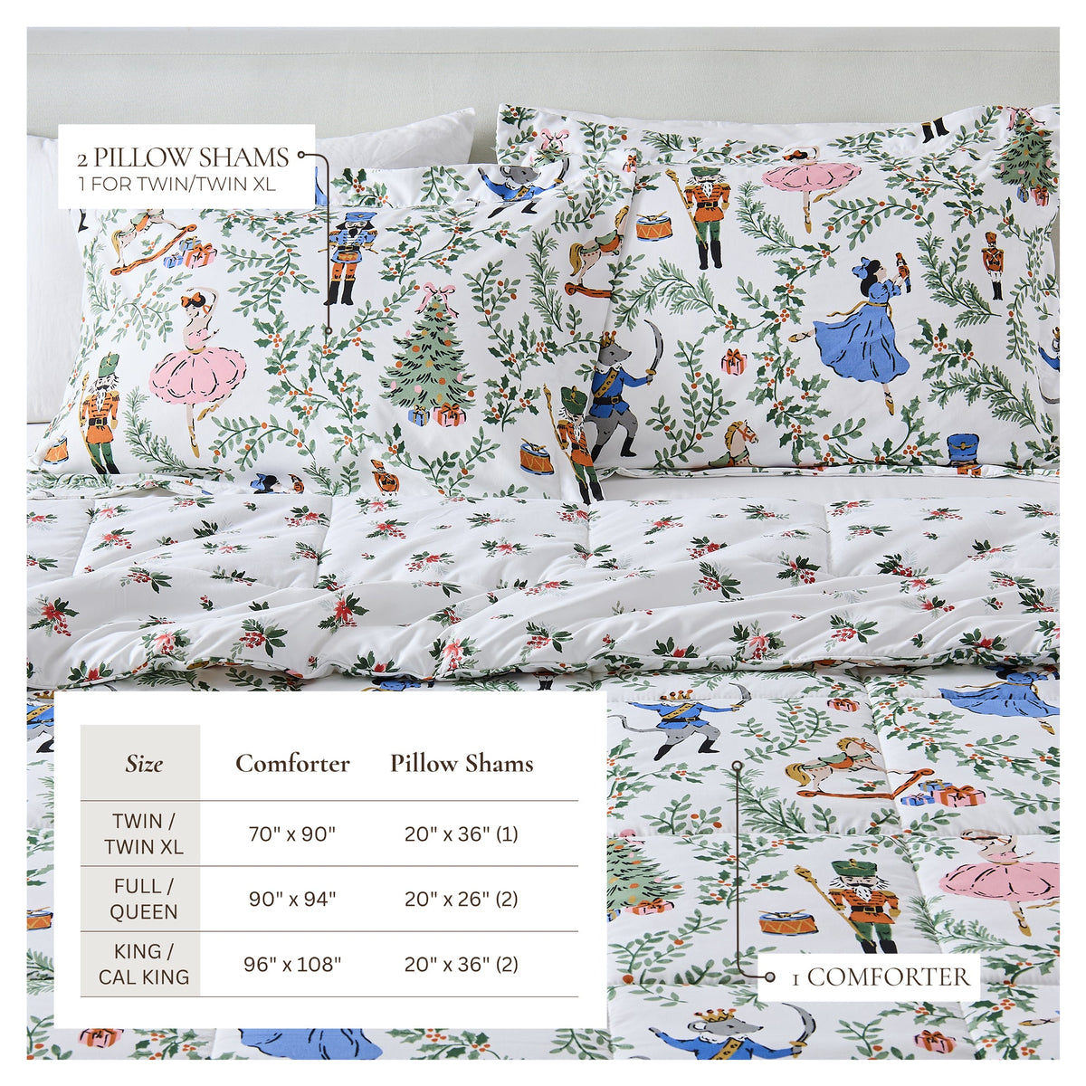 Reversible Christmas Comforter and Sham Set, Odette; white print twin/twin XL, 2 shams on Tampa Home & Garden Store