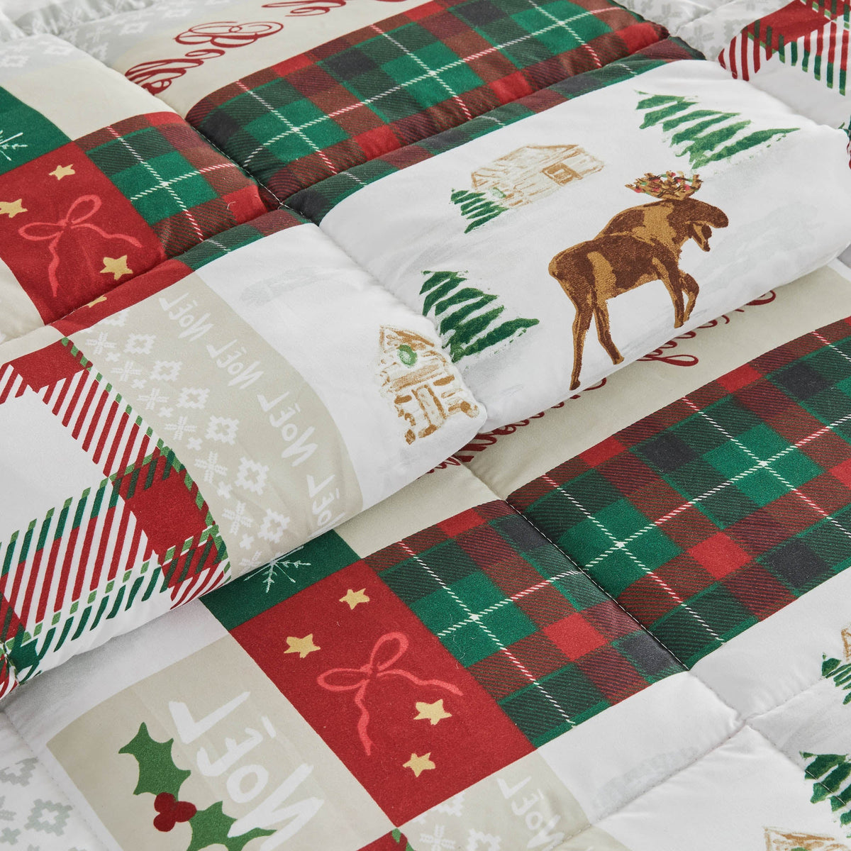 Reversible Christmas comforter & sham set in red-green plaid with deer scene Odette on Tampa Home & Garden Store
