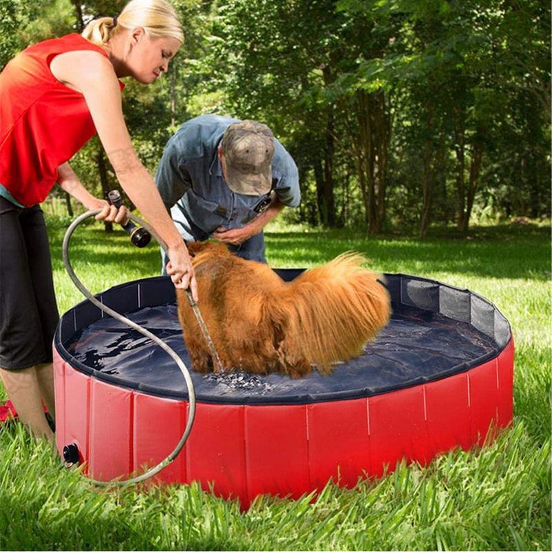 Foldable dog pool Stevvex red PVC tub with black interior for outdoor dog bath on Tampa Home & Garden Store