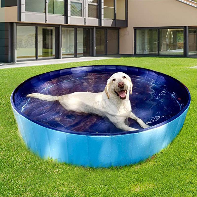 Foldable PVC dog pool, round blue basin with a dog relaxing on a green lawn on Tampa Home & Garden Store