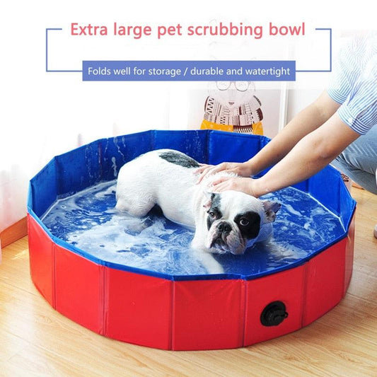 Foldable dog pool Stevvex, red exterior with blue inner tub, big size for pets bath on Tampa Home & Garden Store