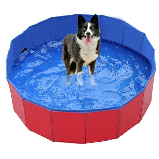 Foldable dog pool with red exterior and blue interior, dog standing in water on Tampa Home & Garden Store