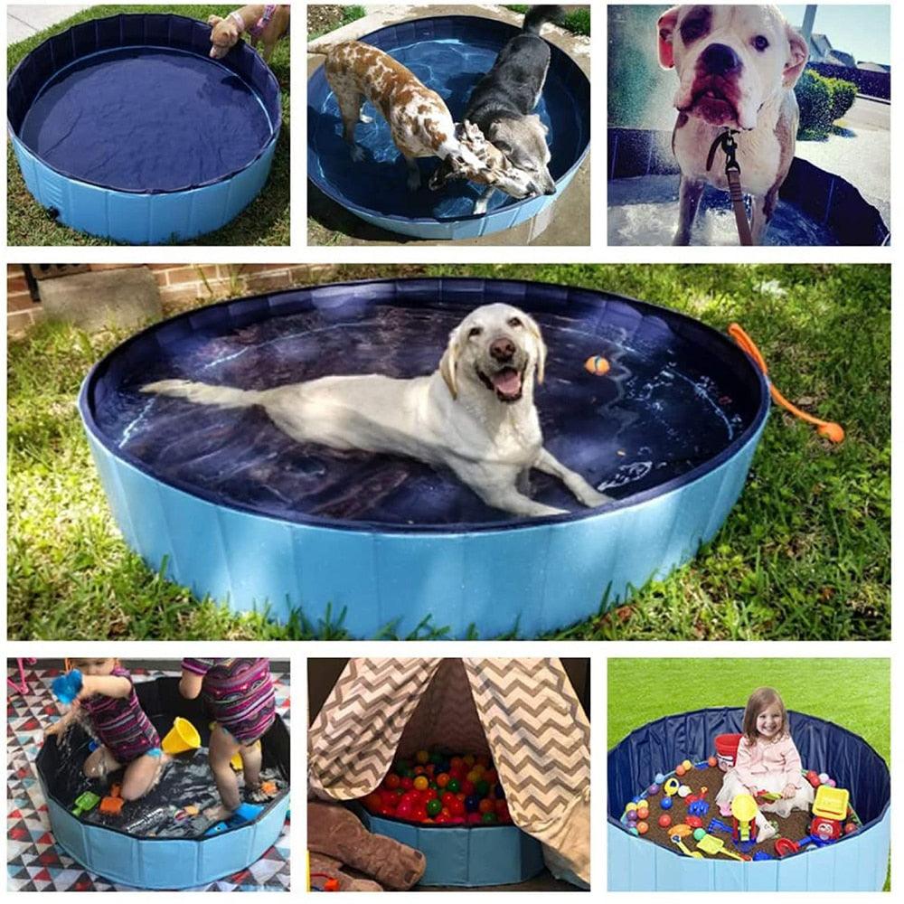 Foldable Stevvex blue dog pool, tub shown with dogs and kids playing with water toys on Tampa Home & Garden Store