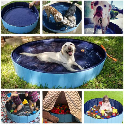 Foldable Stevvex blue dog pool, tub shown with dogs and kids playing with water toys on Tampa Home & Garden Store