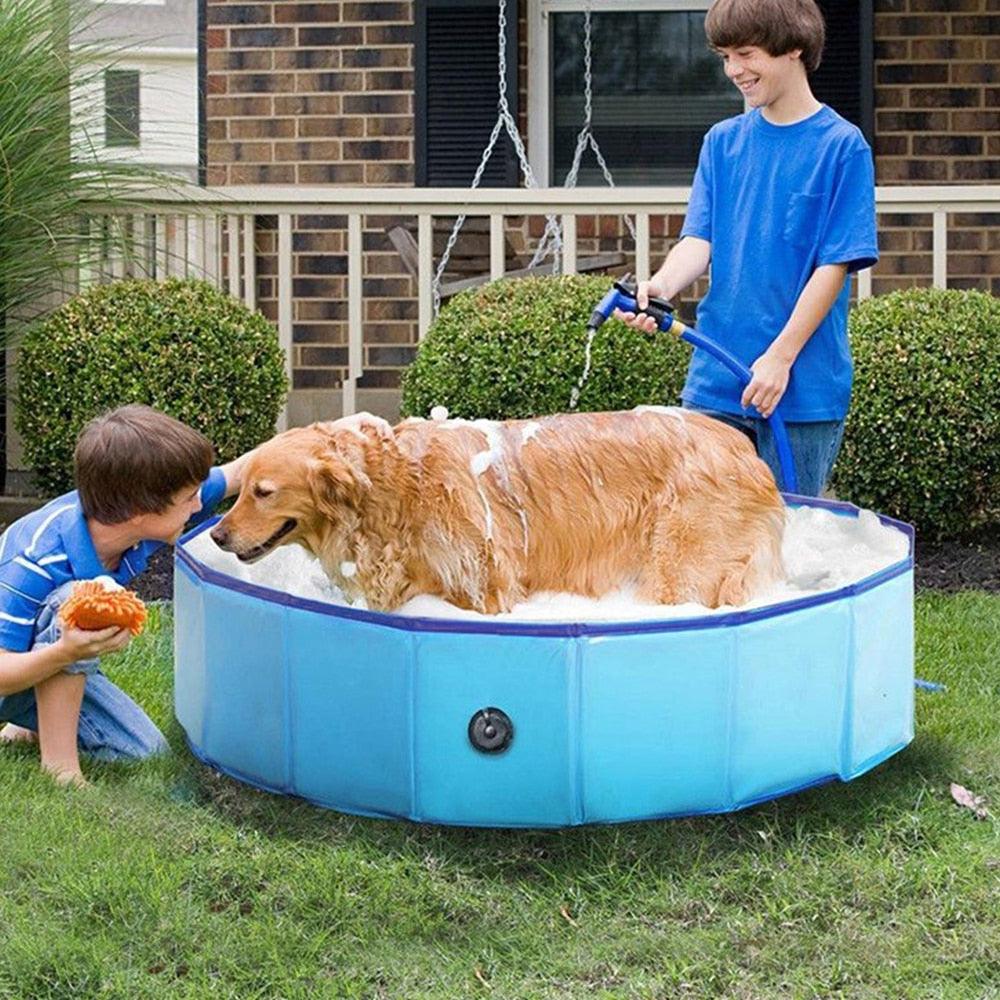 Stevvex blue foldable dog pool for large dogs, portable pet bathing tub with drain valve on Tampa Home & Garden Store