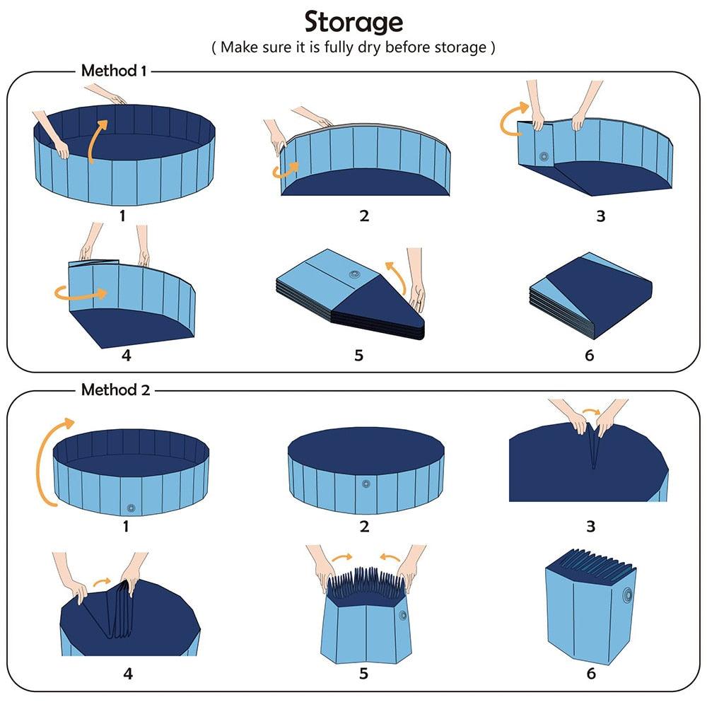 Stevvex foldable dog pool, blue circular portable pet bath with two setup/storage methods on Tampa Home & Garden Store